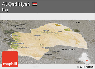 Satellite Panoramic Map of Al-Qadisiyah, darken, semi-desaturated