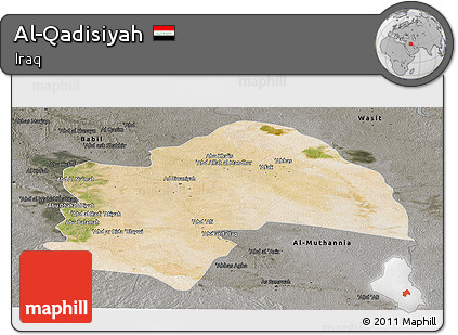 Satellite Panoramic Map of Al-Qadisiyah, darken, semi-desaturated