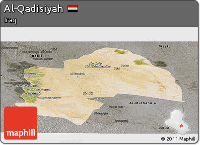 Satellite Panoramic Map of Al-Qadisiyah, darken, semi-desaturated