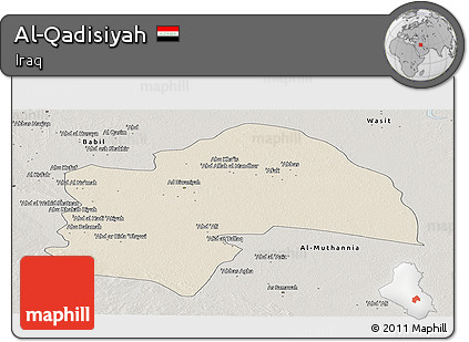 Shaded Relief Panoramic Map of Al-Qadisiyah, semi-desaturated