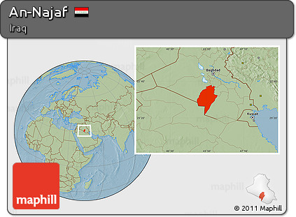 Savanna Style Location Map of An-Najaf, hill shading
