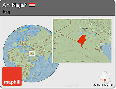Savanna Style Location Map of An-Najaf, hill shading