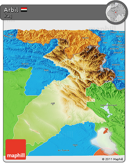 Physical 3D Map of Arbil, political outside