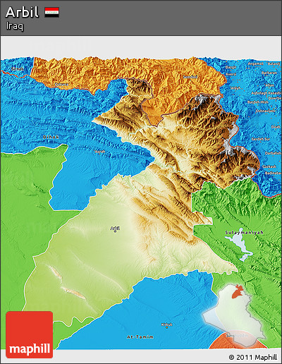 Physical 3D Map of Arbil, political outside
