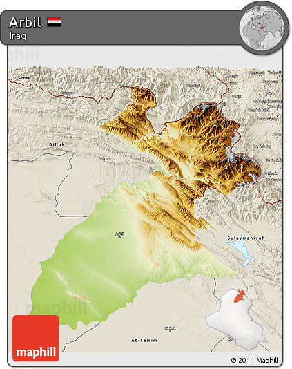 Physical 3D Map of Arbil, shaded relief outside