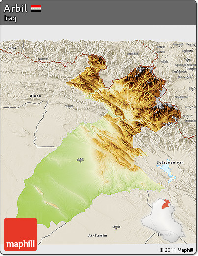 Physical 3D Map of Arbil, shaded relief outside