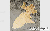 Satellite 3D Map of Arbil, darken, semi-desaturated
