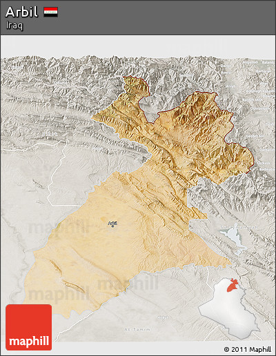 Satellite 3D Map of Arbil, lighten, semi-desaturated