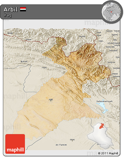 Satellite 3D Map of Arbil, shaded relief outside
