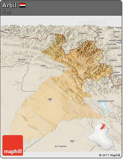 Satellite 3D Map of Arbil, shaded relief outside