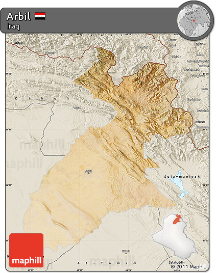 Satellite Map of Arbil, shaded relief outside