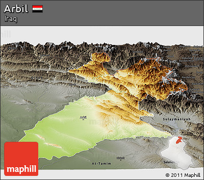 Physical Panoramic Map of Arbil, darken, semi-desaturated