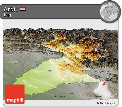 Physical Panoramic Map of Arbil, darken, semi-desaturated