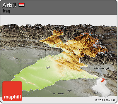 Physical Panoramic Map of Arbil, darken, semi-desaturated