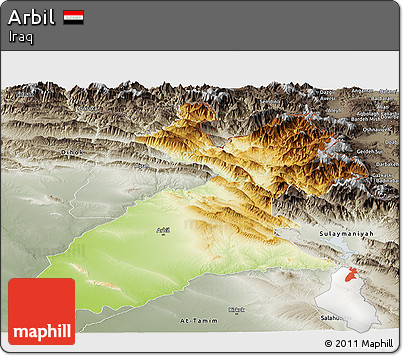Physical Panoramic Map of Arbil, semi-desaturated