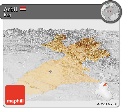Satellite Panoramic Map of Arbil, lighten, desaturated