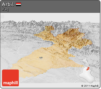 Satellite Panoramic Map of Arbil, lighten, desaturated