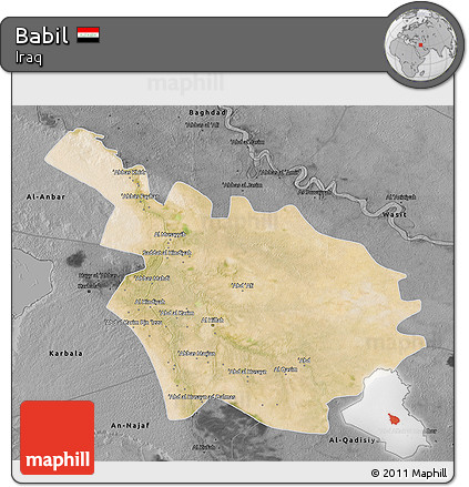 Satellite 3D Map of Babil, darken, desaturated