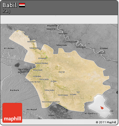 Satellite 3D Map of Babil, darken, desaturated