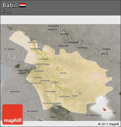 Satellite 3D Map of Babil, darken, semi-desaturated