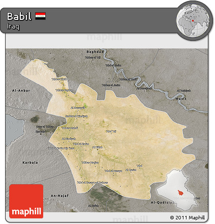 Satellite 3D Map of Babil, darken, semi-desaturated