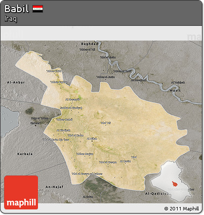 Satellite 3D Map of Babil, darken, semi-desaturated