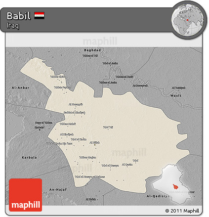 Shaded Relief 3D Map of Babil, darken, desaturated