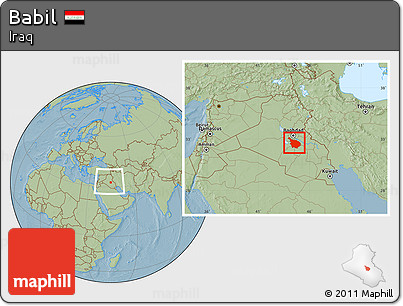 Savanna Style Location Map of Babil, within the entire country, hill shading