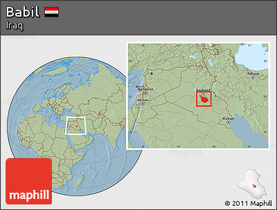 Savanna Style Location Map of Babil, within the entire country, hill shading