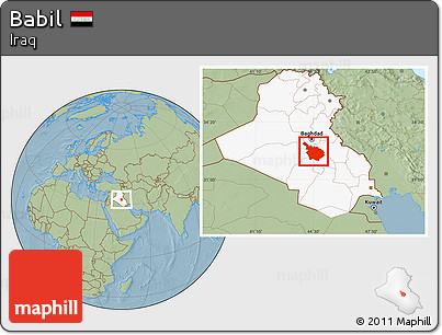 Savanna Style Location Map of Babil, highlighted country, hill shading