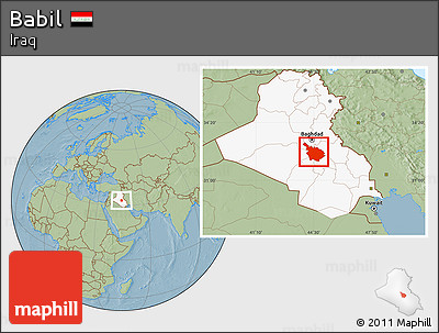 Savanna Style Location Map of Babil, highlighted country, hill shading