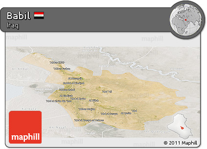Satellite Panoramic Map of Babil, lighten, semi-desaturated