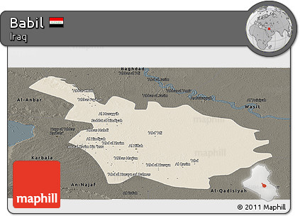 Shaded Relief Panoramic Map of Babil, darken