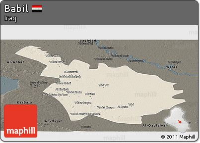 Shaded Relief Panoramic Map of Babil, darken