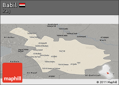Shaded Relief Panoramic Map of Babil, darken, semi-desaturated