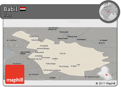 Shaded Relief Panoramic Map of Babil, darken, semi-desaturated
