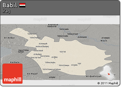 Shaded Relief Panoramic Map of Babil, darken, semi-desaturated