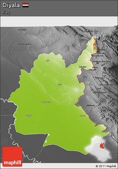 Physical 3D Map of Diyala, darken, desaturated