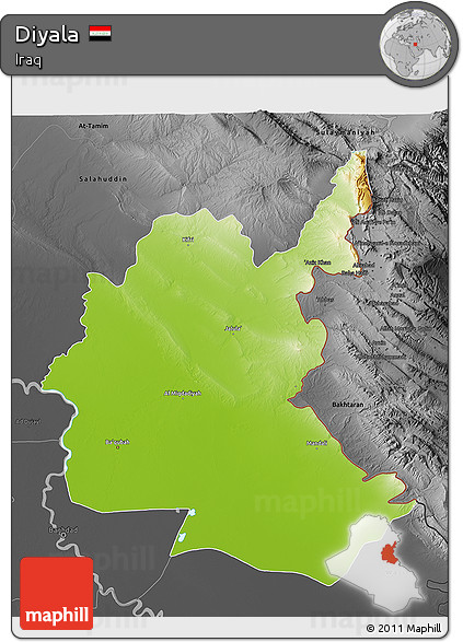Physical 3D Map of Diyala, darken, desaturated