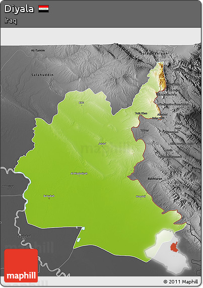 Physical 3D Map of Diyala, darken, desaturated