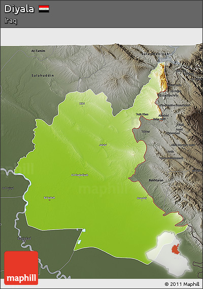 Physical 3D Map of Diyala, darken, semi-desaturated