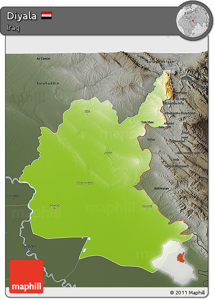 Physical 3D Map of Diyala, darken, semi-desaturated