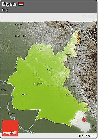 Physical 3D Map of Diyala, darken, semi-desaturated