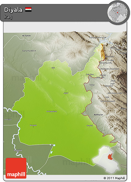 Physical 3D Map of Diyala, semi-desaturated