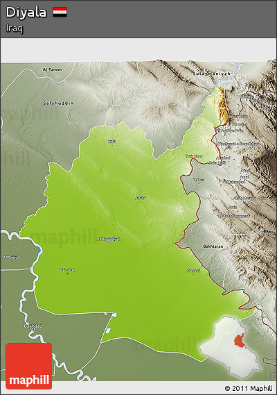 Physical 3D Map of Diyala, semi-desaturated