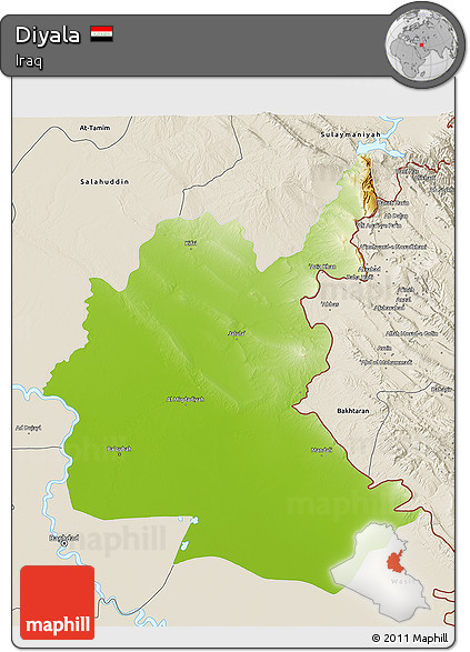 Physical 3D Map of Diyala, shaded relief outside