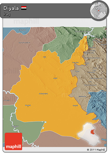 Political 3D Map of Diyala, semi-desaturated