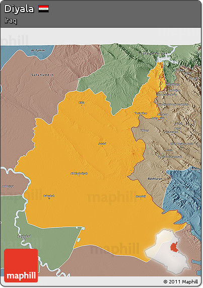 Political 3D Map of Diyala, semi-desaturated