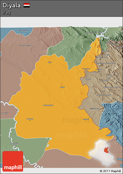 Political 3D Map of Diyala, semi-desaturated