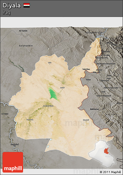 Satellite 3D Map of Diyala, darken, semi-desaturated